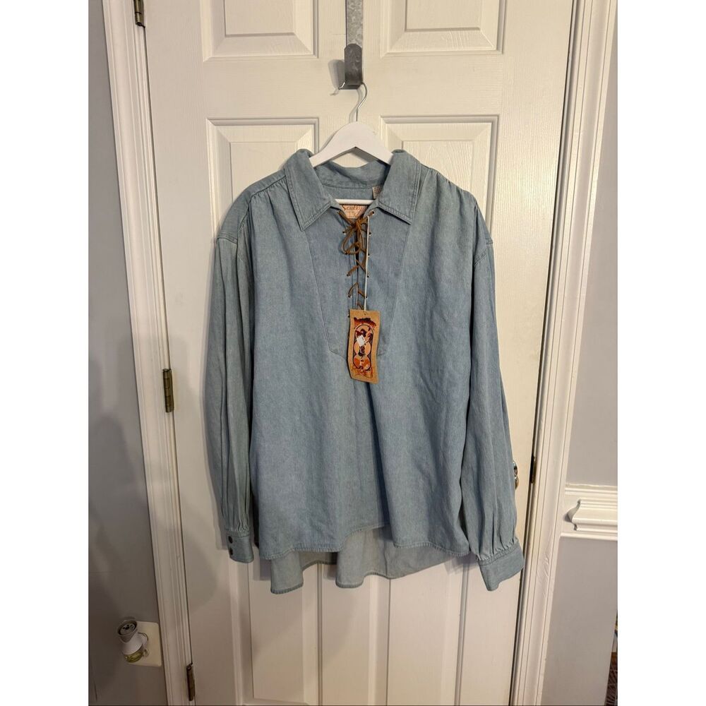 Scully Western Wear Men’s Blue Denim Lace Up Collated Shirt sz XL NWT